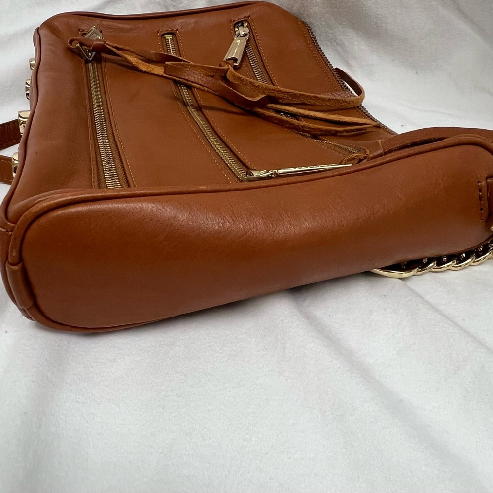 Rebecca Minkoff tan leather crossbody bag with zippers and gold details. - Picture 13 of 13